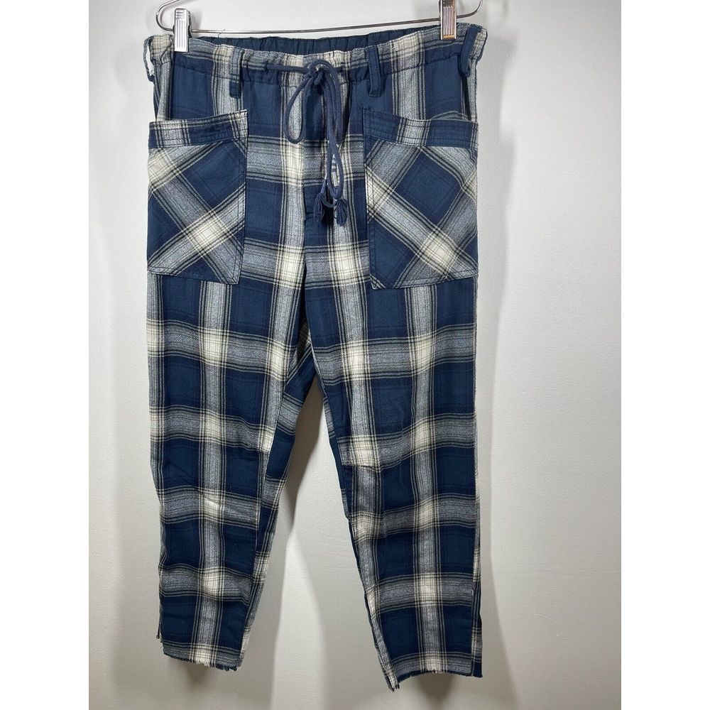 Free People OB418167 Blue Monochromatic Plaid Slouchy Utility Cargo Pants‎ Small